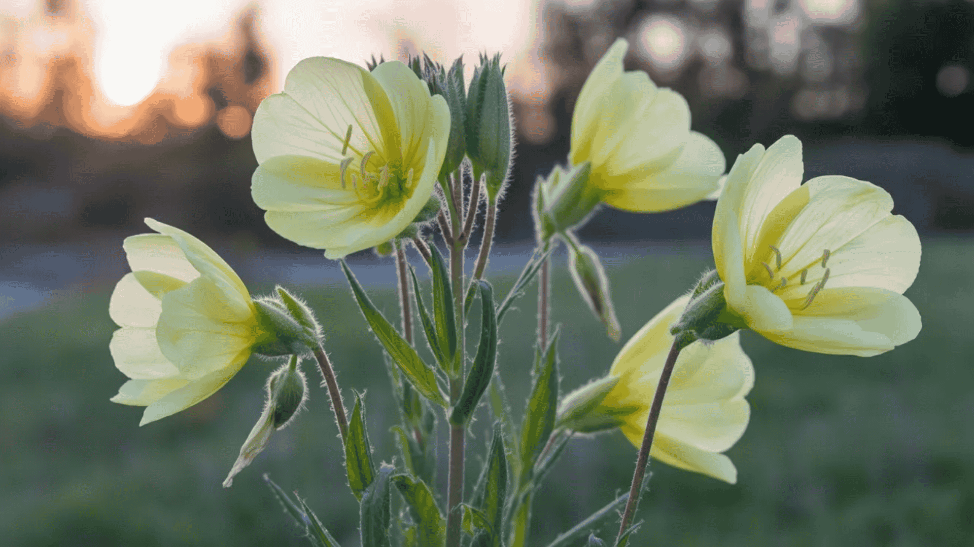 evening primrose flowers with yellow petals blooming in the evening