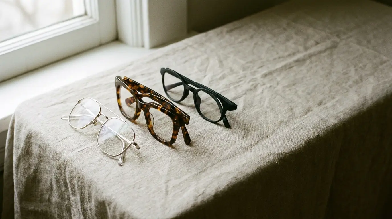Three pairs of glasses on a linen-covered table by a window in soft natural light