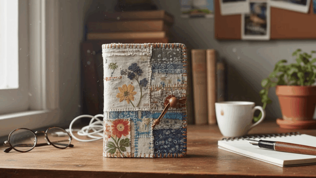 fabric patchwork journal standing on desk with glasses cup notebook and books in cozy workspace near window