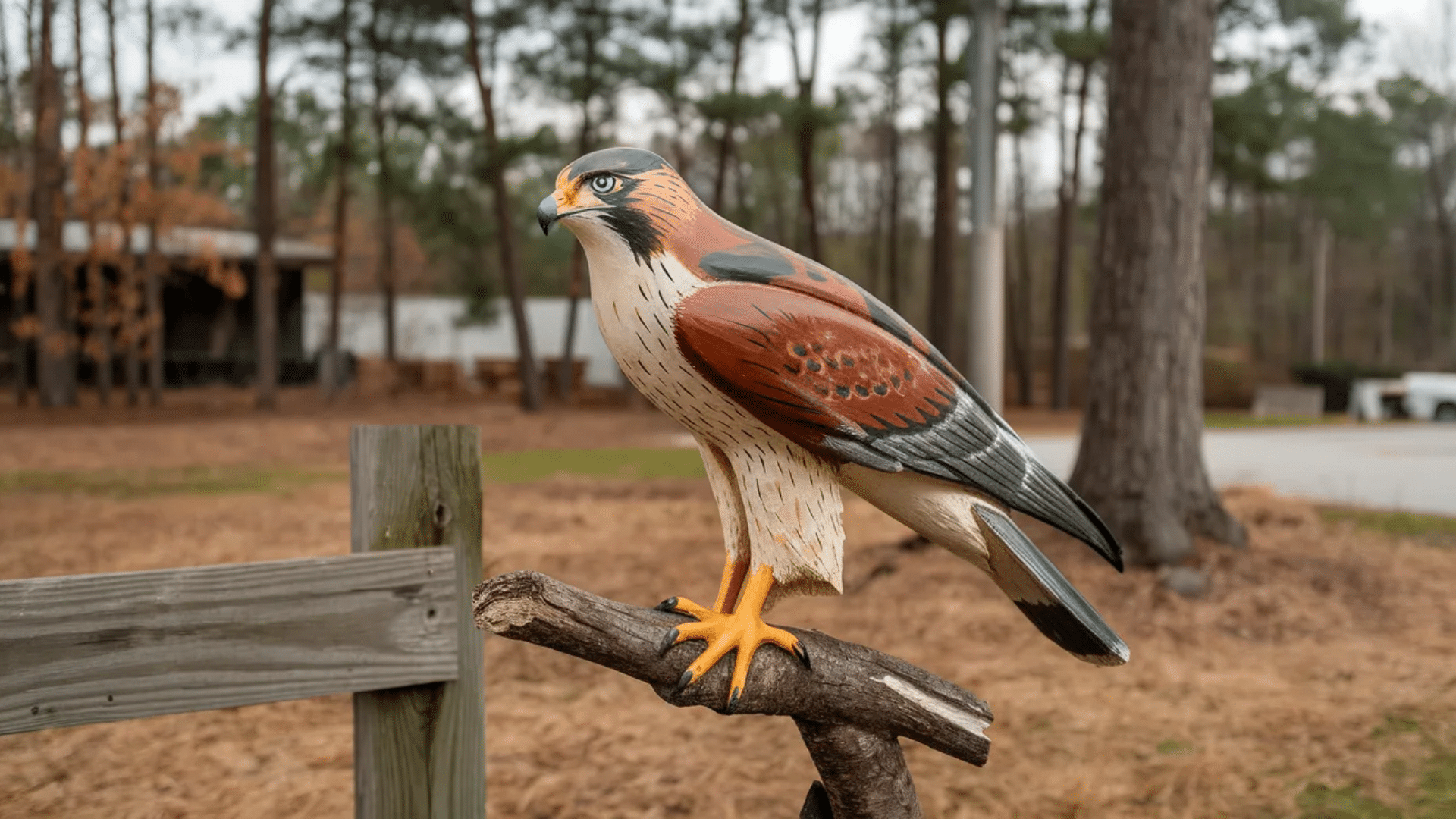 fake hawk decoy placed to scare birds away