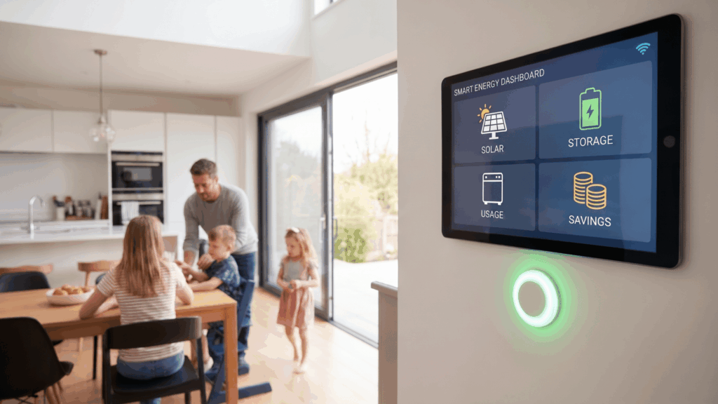 family in kitchen with wall mounted smart home energy dashboard showing solar storage usage and savings