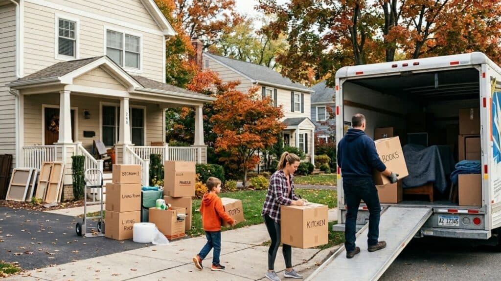 family loading moving truck outside suburban home with labeled boxes child and adults carrying items in autumn setting
