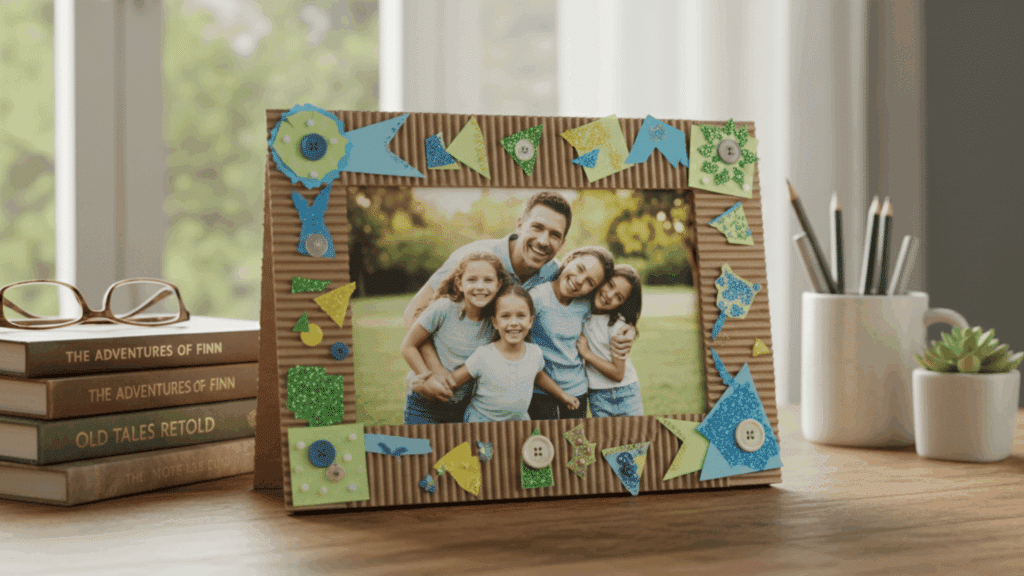 family photo in decorated frame placed on desk beside books and plant