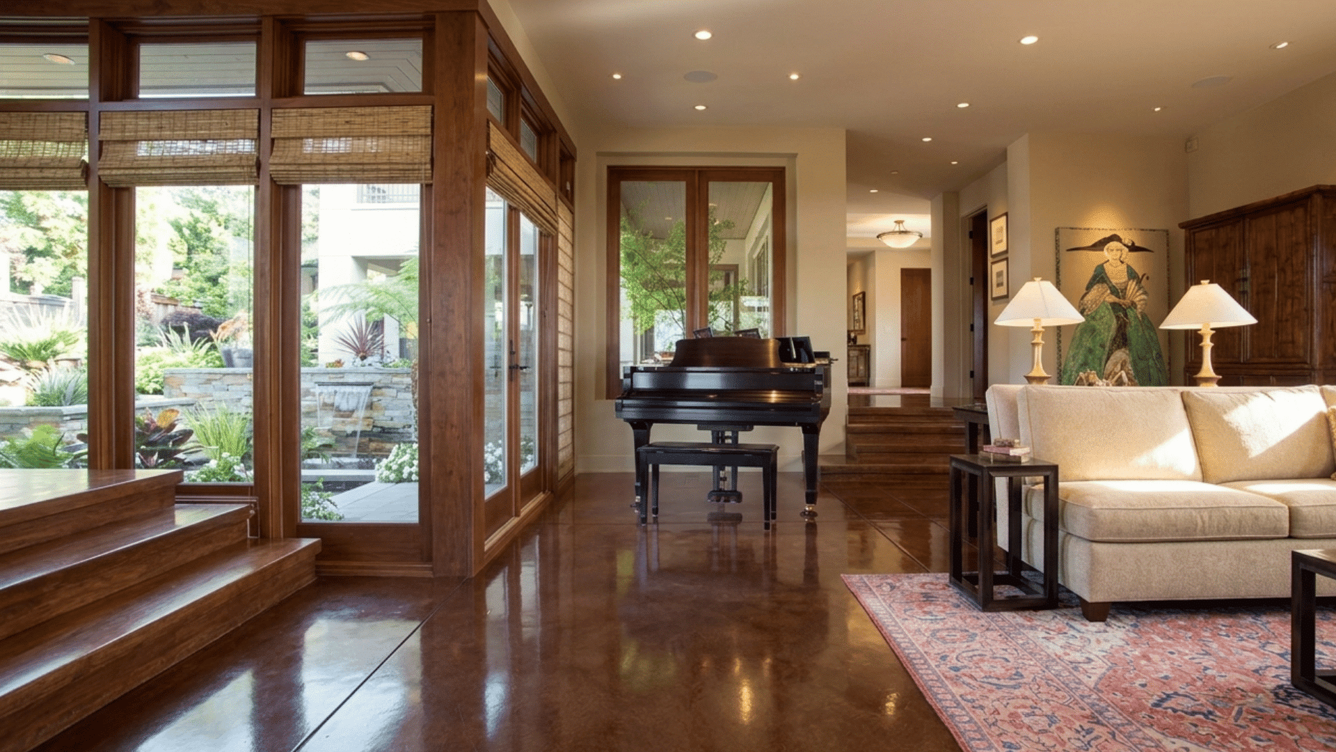 farmhouse living room with stained concrete floors wood trim large windows and warm neutral furniture