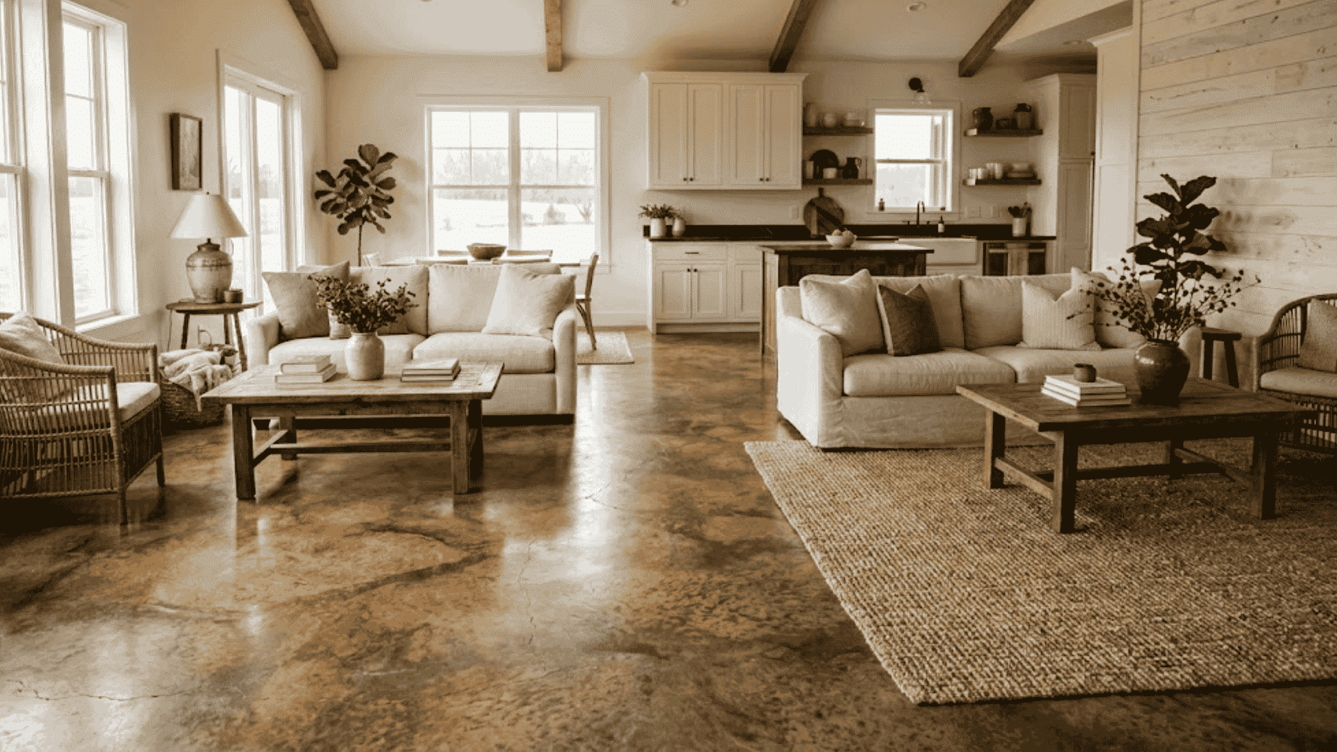 farmhouse stained concrete floors with natural color variation in rustic farmhouse interior