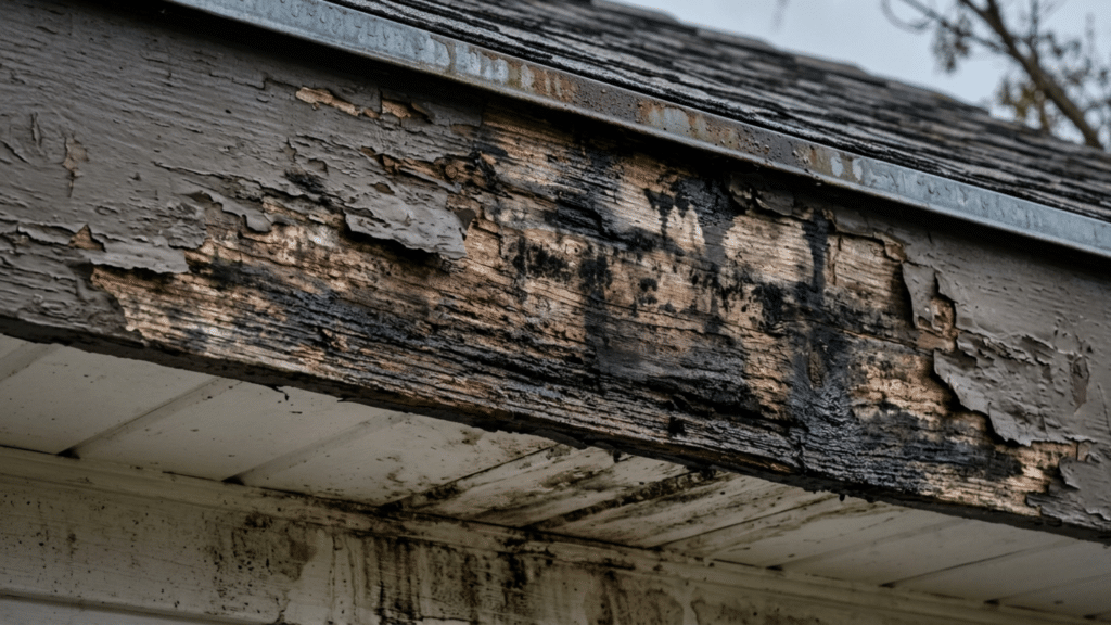 fascia board with heavy water damage and dark stains showing what is fascia on a house and moisture related issues