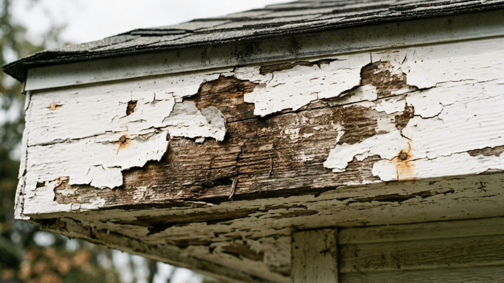 fascia board with peeling and cracked paint on roof edge showing what is fascia on a house and signs of wear