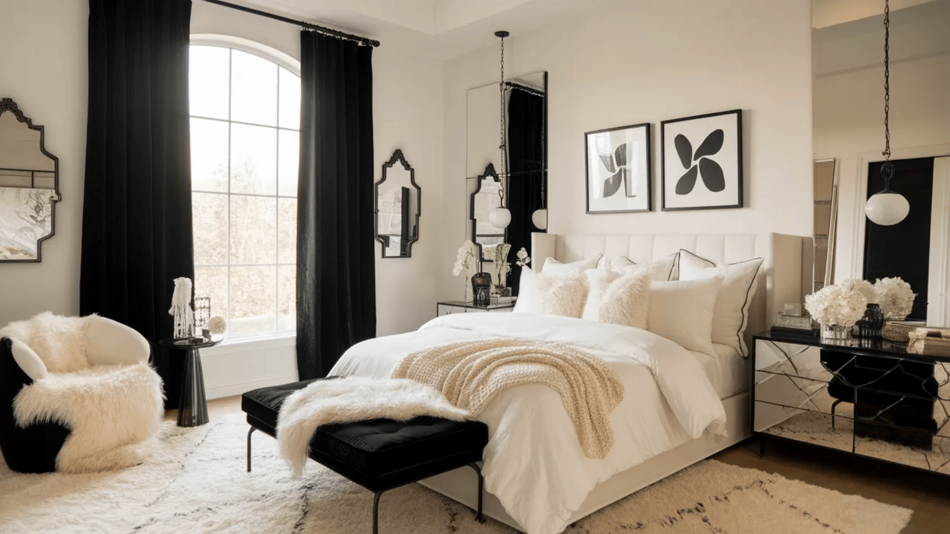 feminine black and white bedroom with black velvet bench plush bedding cozy throw and armchair by large window