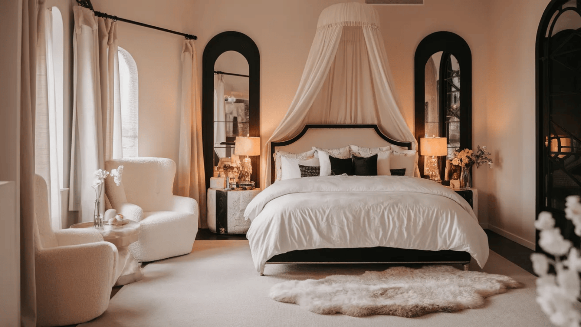 feminine black and white bedroom with canopy bed plush bedding black accent pillows and cozy armchairs by window