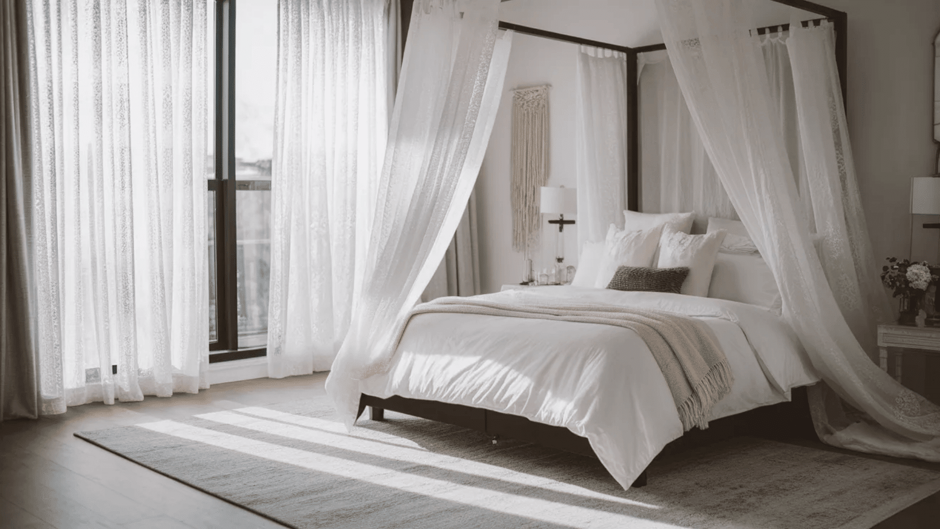 feminine black and white bedroom with canopy bed sheer curtains plush bedding and knit throw by large windows