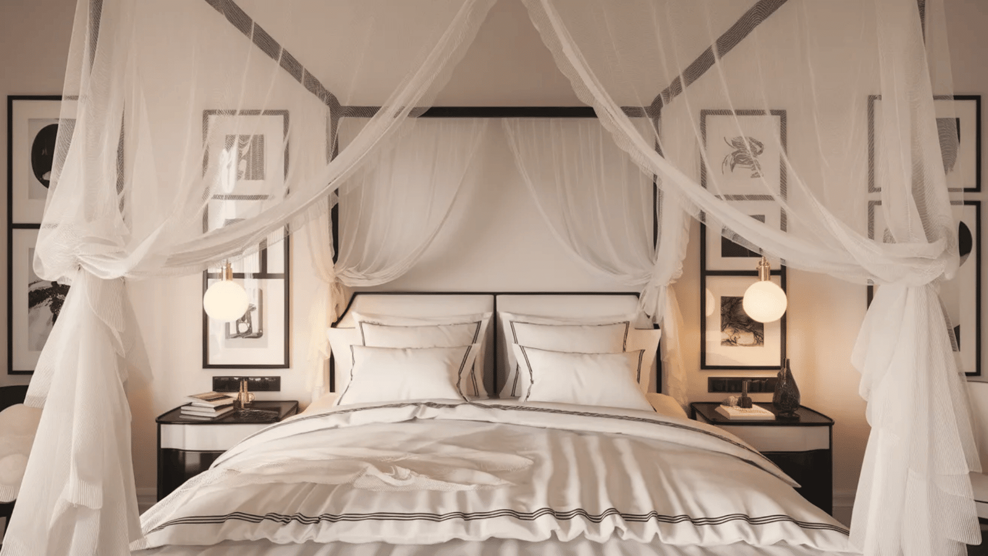 feminine black and white bedroom with canopy bed sheer drapes multiple pillows and framed wall art