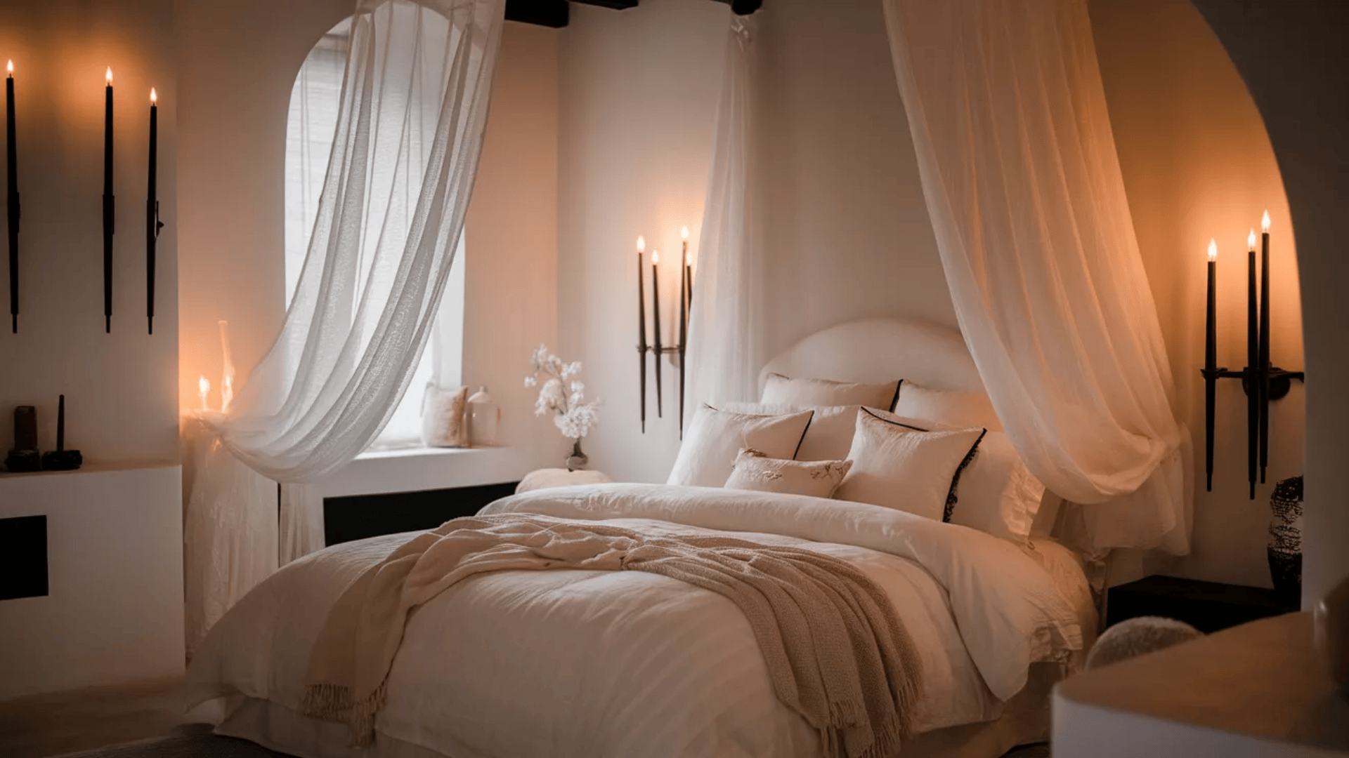 feminine black and white bedroom with canopy bed sheer drapes plush bedding and lit wall sconces creating warm ambiance