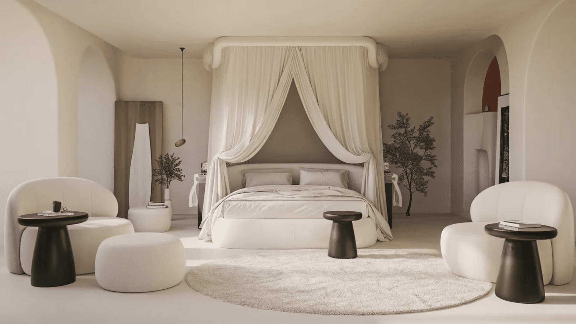 feminine black and white bedroom with canopy bed soft bedding round rug and cozy seating with black side tables