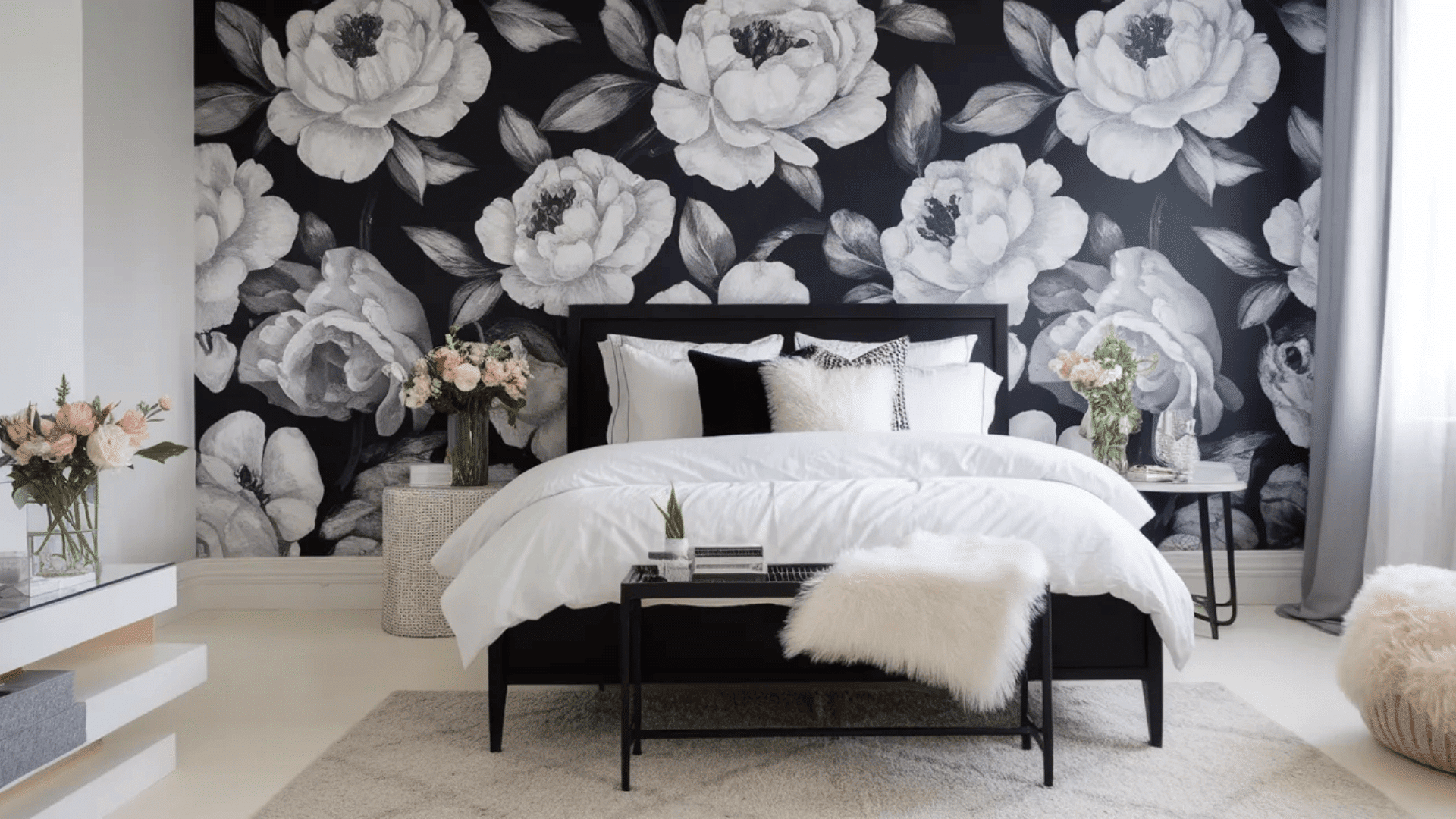 feminine black and white bedroom with floral accent wall plush bed multiple pillows and soft rug with flowers on side tables