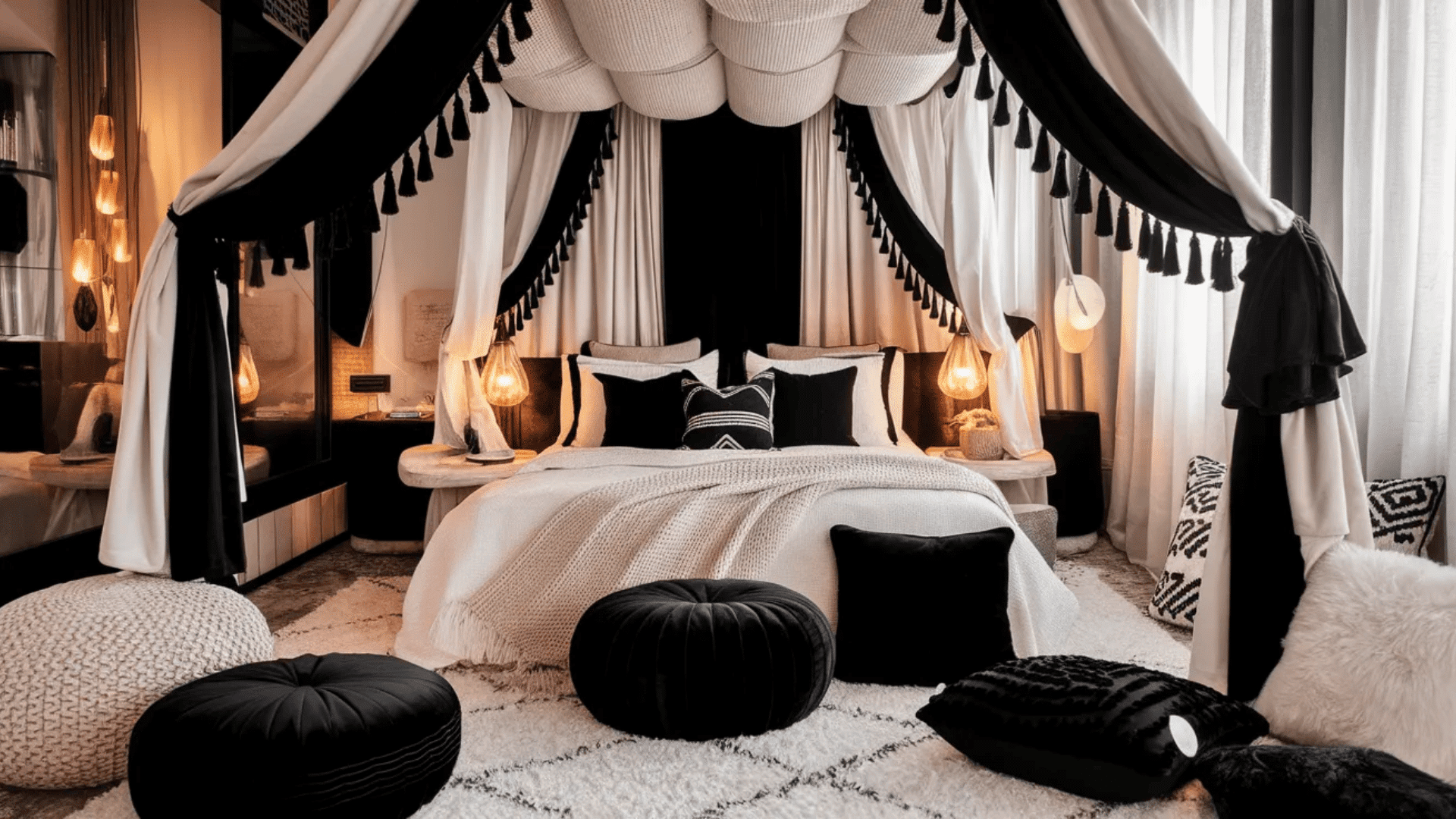 feminine black and white bedroom with four poster bed black and white canopy plush bedding and assorted black pillows on rug