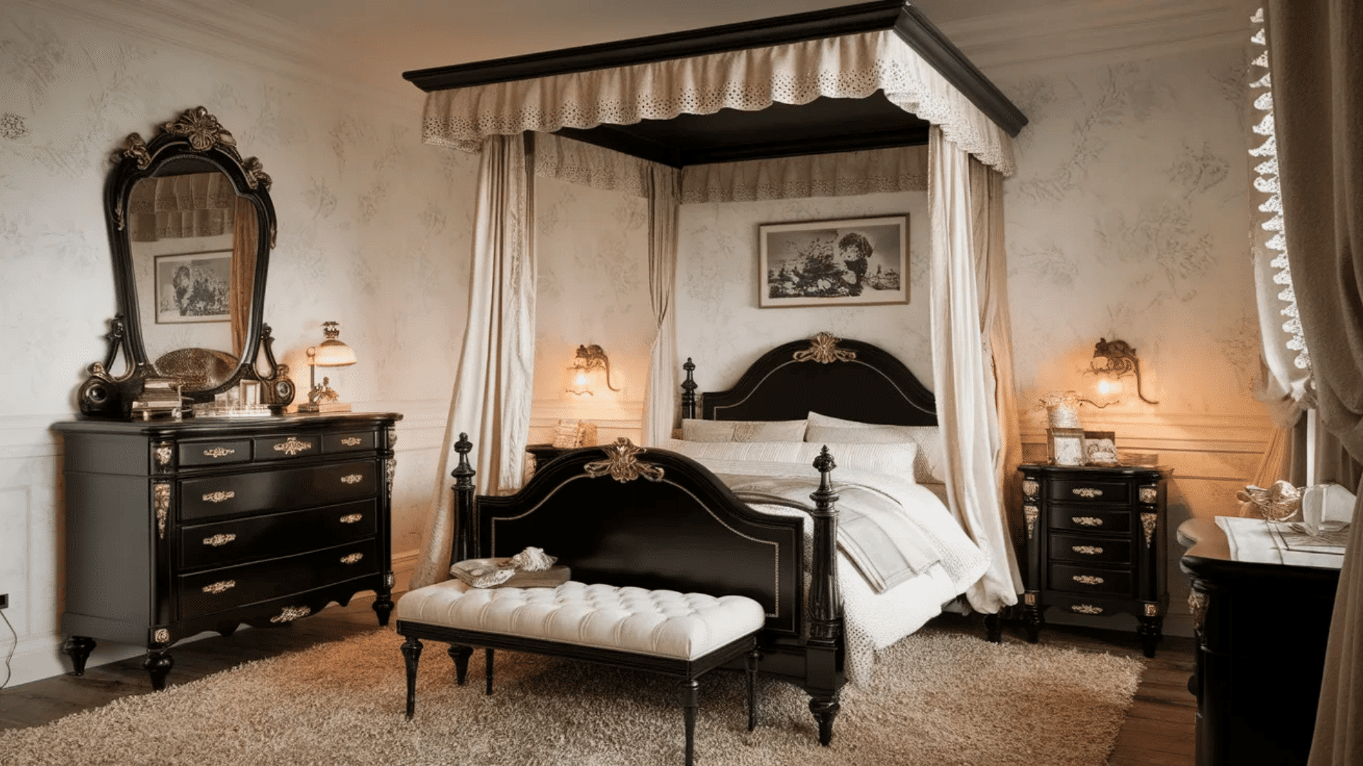 feminine black and white bedroom with four poster bed tufted bench ornate black furniture and soft area rug