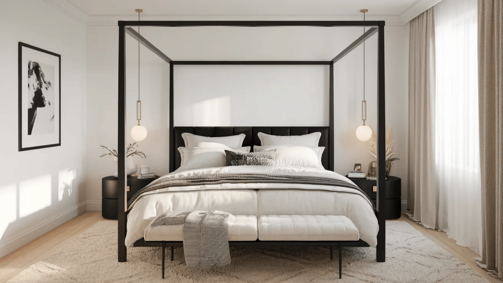 feminine black and white bedroom with four poster bed tufted bench plush bedding black nightstands and hanging pendant lights