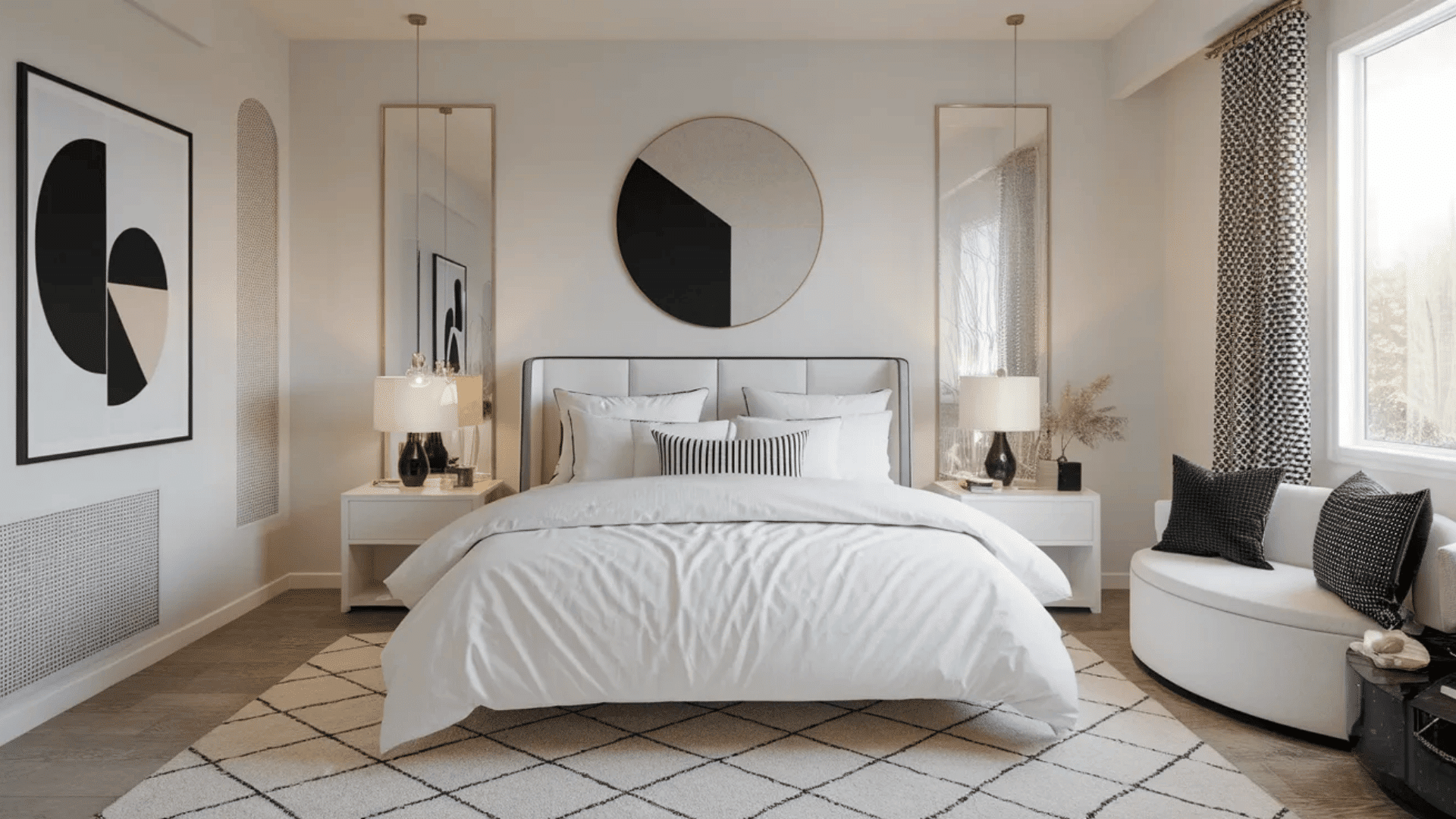 feminine black and white bedroom with geometric wall art plush bedding striped pillow and cozy curved sofa by window