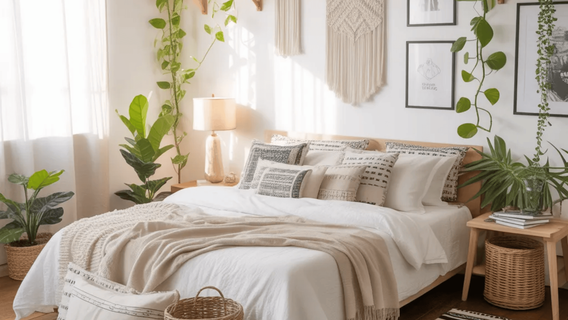 feminine black and white bedroom with patterned rugs woven baskets knit throw and abundant green plants on shelves and floor