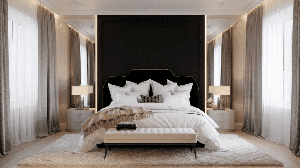 23 Feminine Black and White Bedroom Designs feminine black and white bedroom with plush bed multiple pillows bench and soft area rug by tall windows