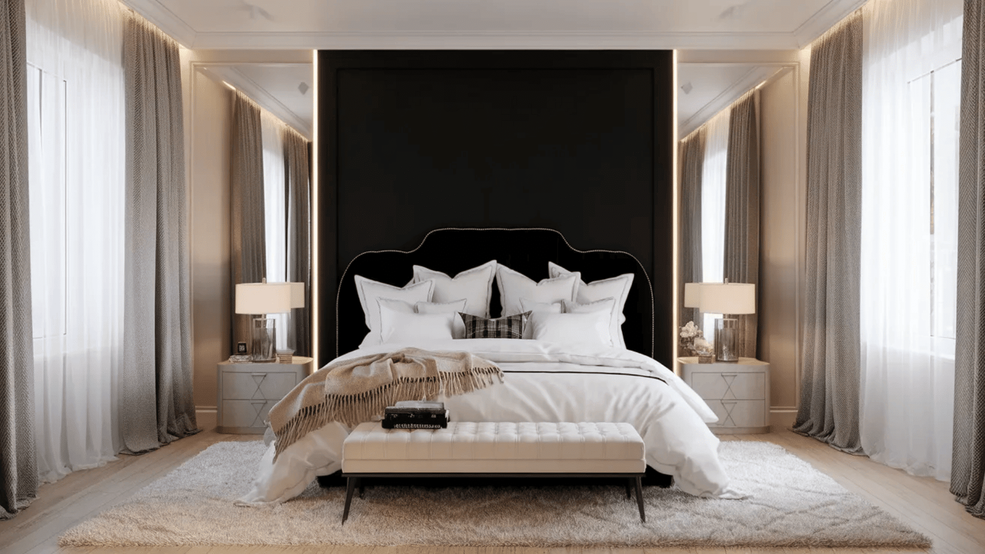 feminine black and white bedroom with plush bed multiple pillows bench and soft area rug by tall windows