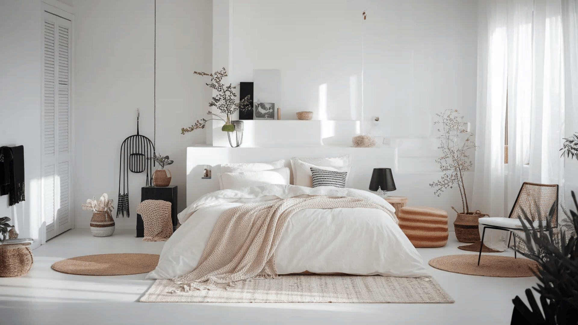 feminine black and white bedroom with plush bedding knit throw natural woven rugs and black accent decor
