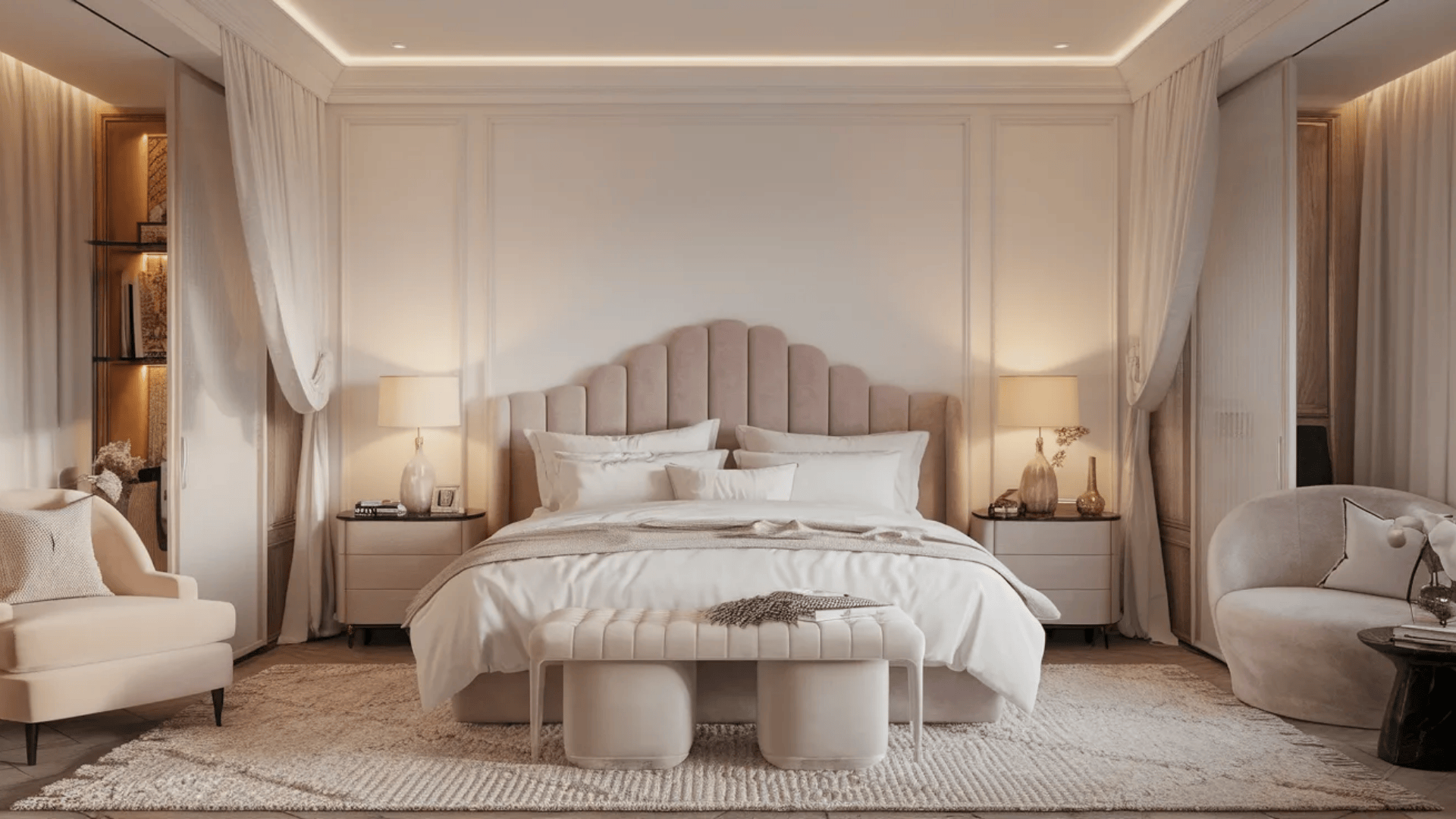 feminine black and white bedroom with soft pink headboard plush bedding bench area rug and cozy armchairs