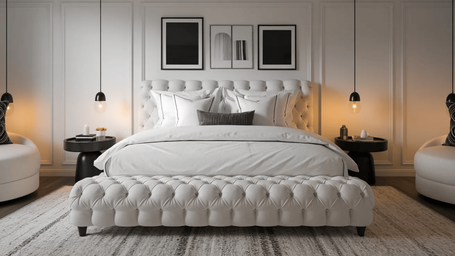 feminine black and white bedroom with tufted bed bench plush bedding black side tables and cozy armchairs