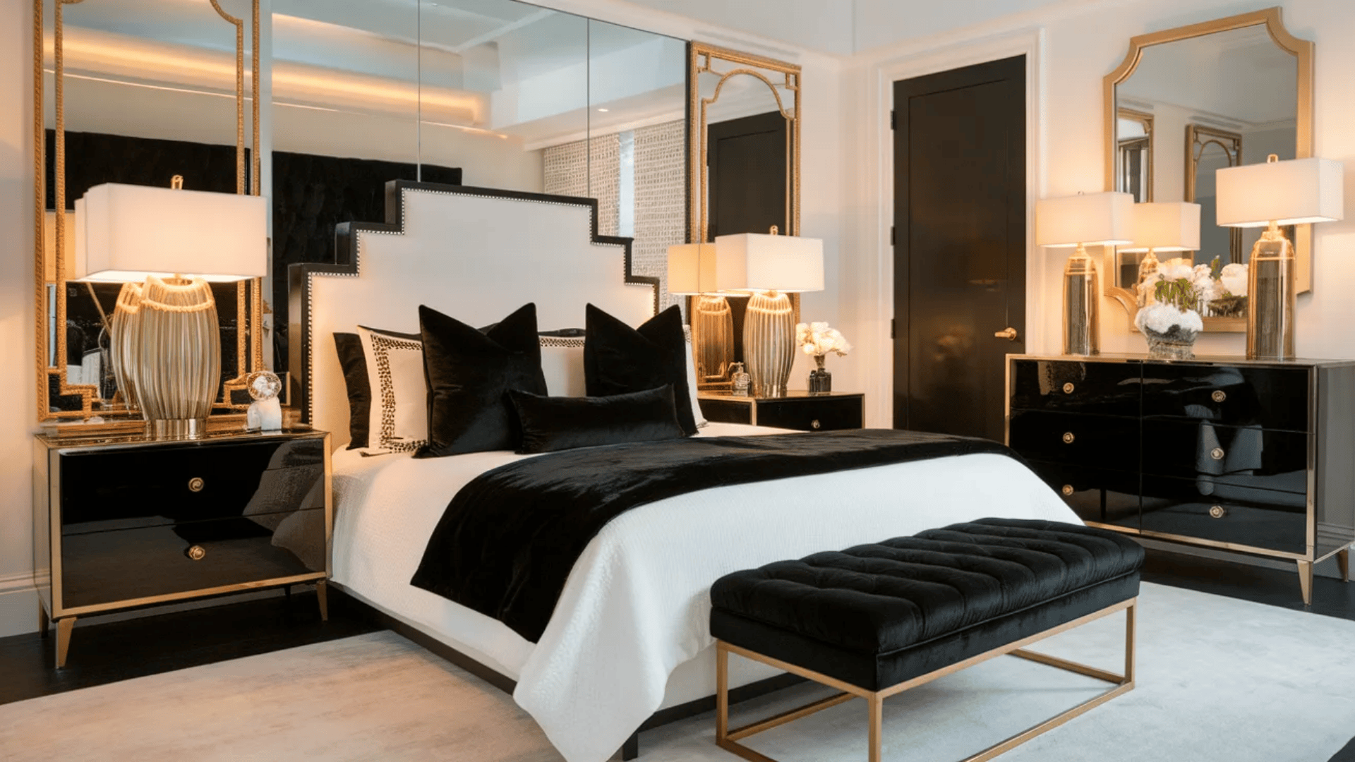 feminine black and white bedroom with velvet pillows plush bedding gold accents mirrored furniture and bedside lamps