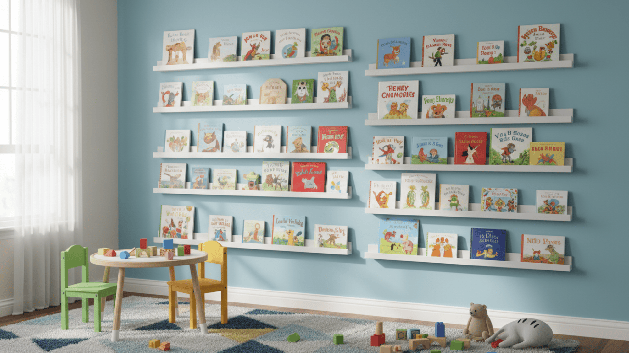 floating book ledges with kids books on wall for easy access and neat playroom storage ideas setup