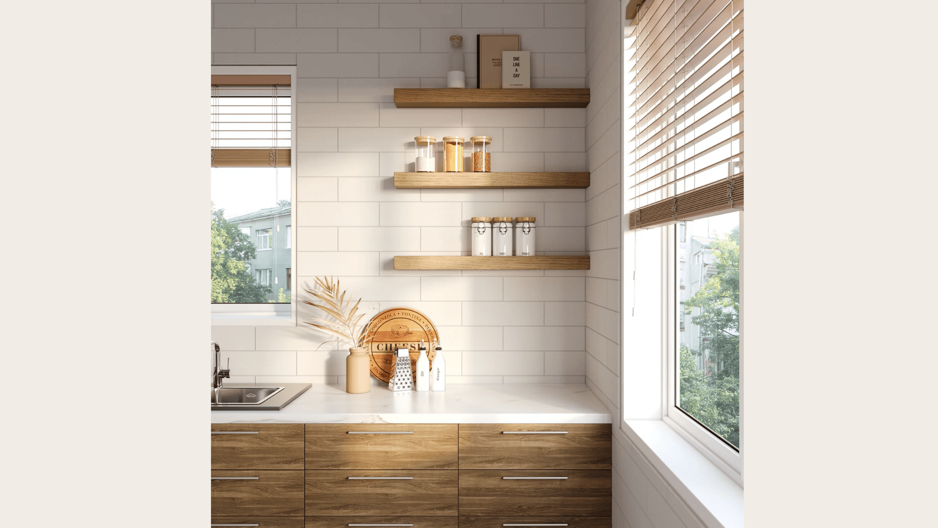 floating wooden shelves with jars and decor on kitchen wall above counter and wooden cabinets