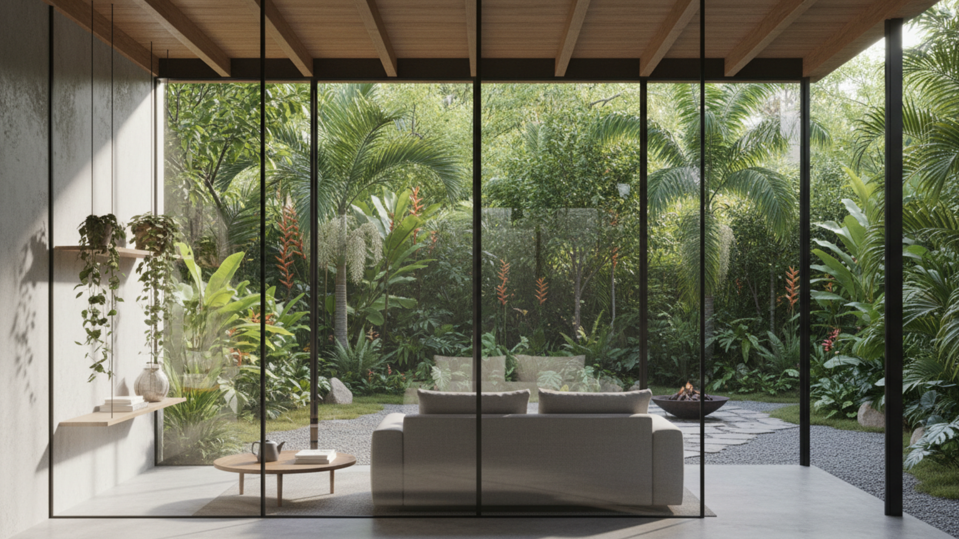 floor to ceiling glass patio with lush garden view