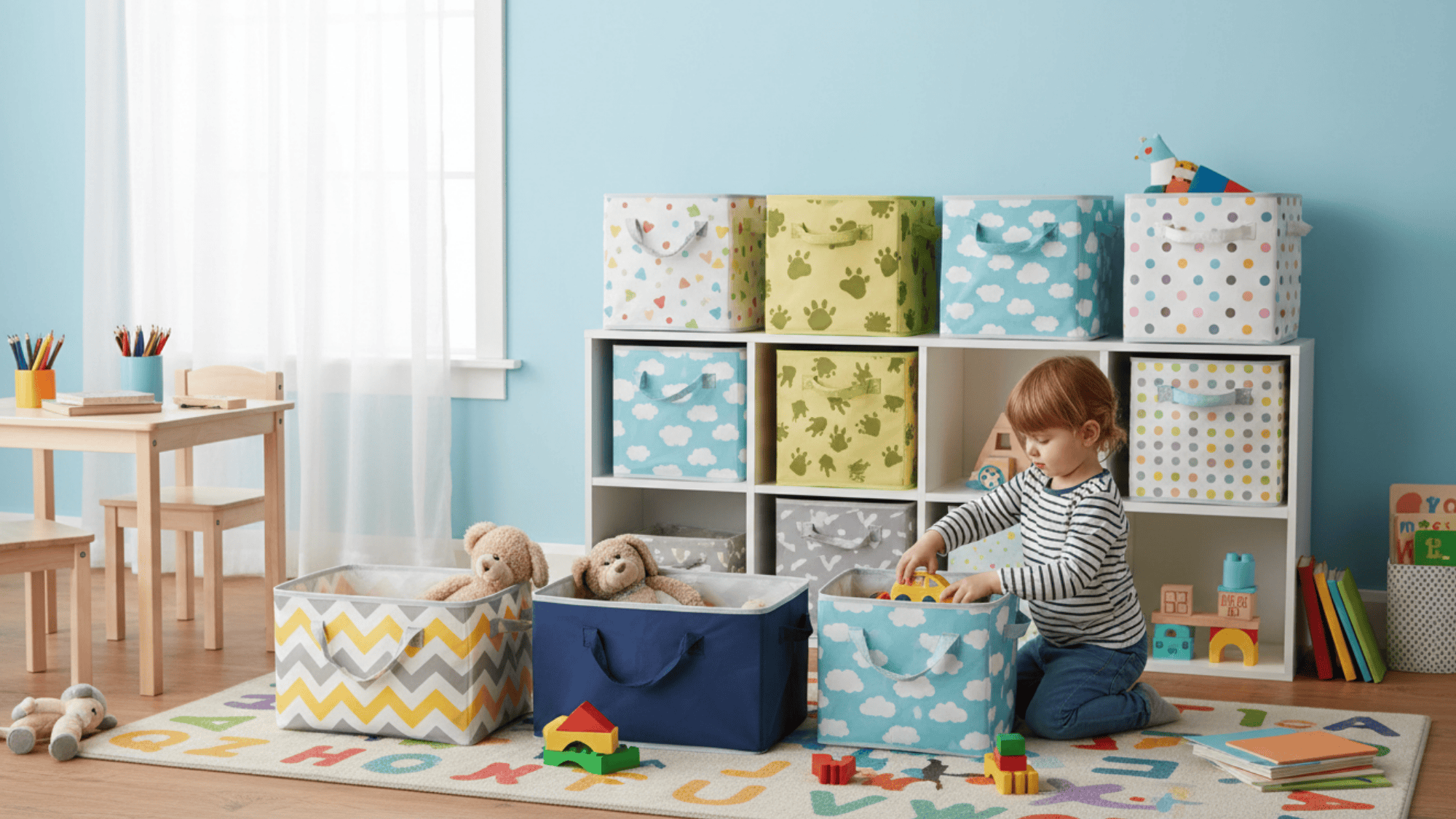foldable fabric bins for kids toys books and clothes in neat and space saving playroom storage setup
