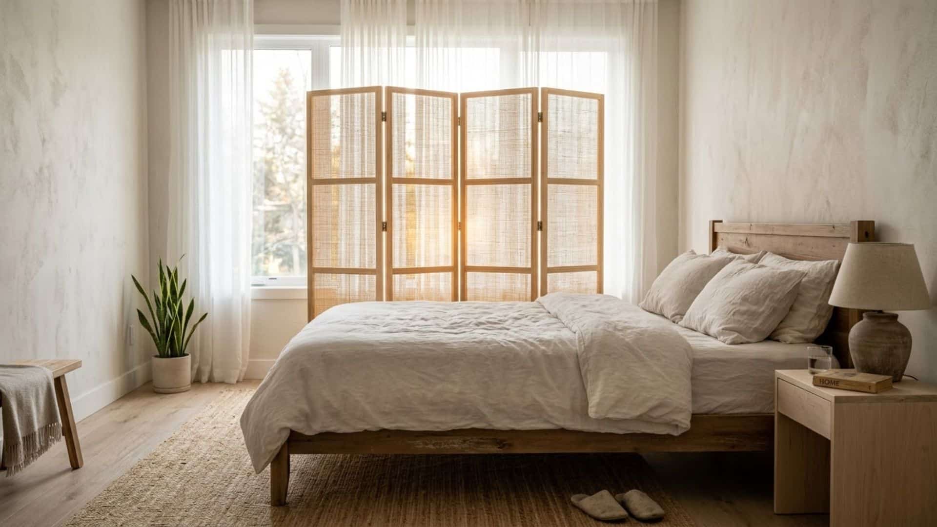 foldable screen behind bed in front of window with off white bedding soft light and minimal pillows cozy bedroom layout