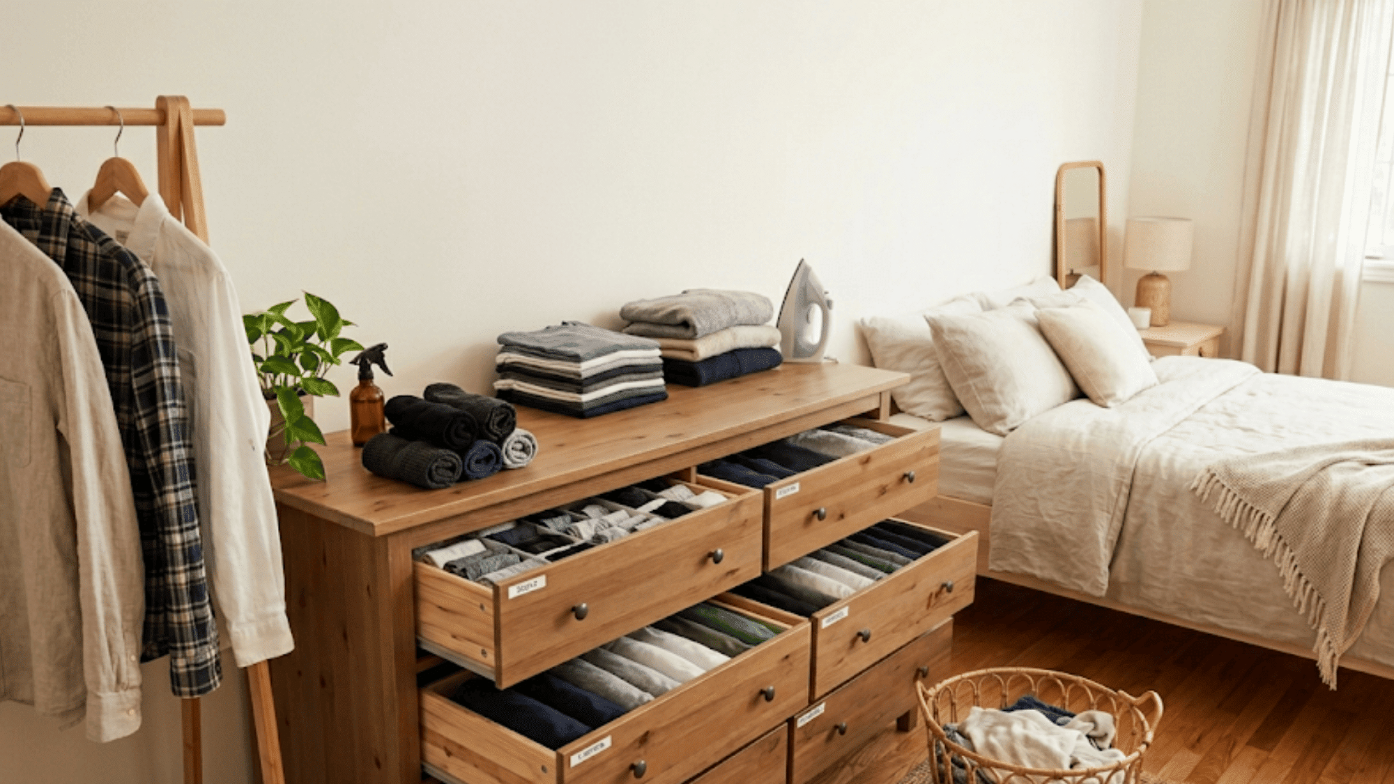 folded clothes neatly arranged in drawers and on table for simple bedroom organization ideas
