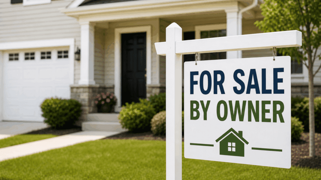 for sale by owner sign in front yard of modern house with green lawn and front porch visible in background