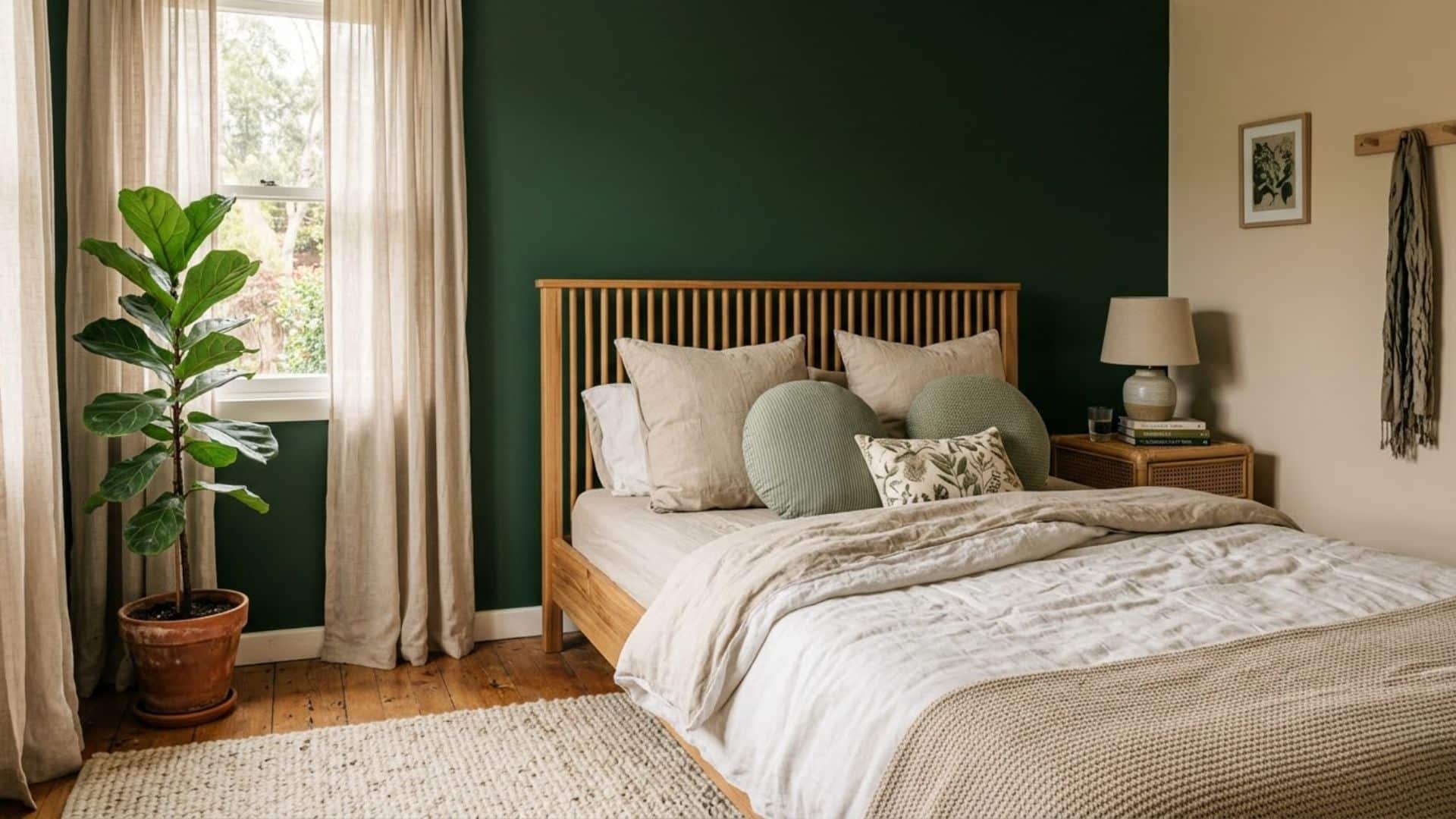 forest green accent wall bedroom with beige walls wooden furniture plants and calm natural bedroom design