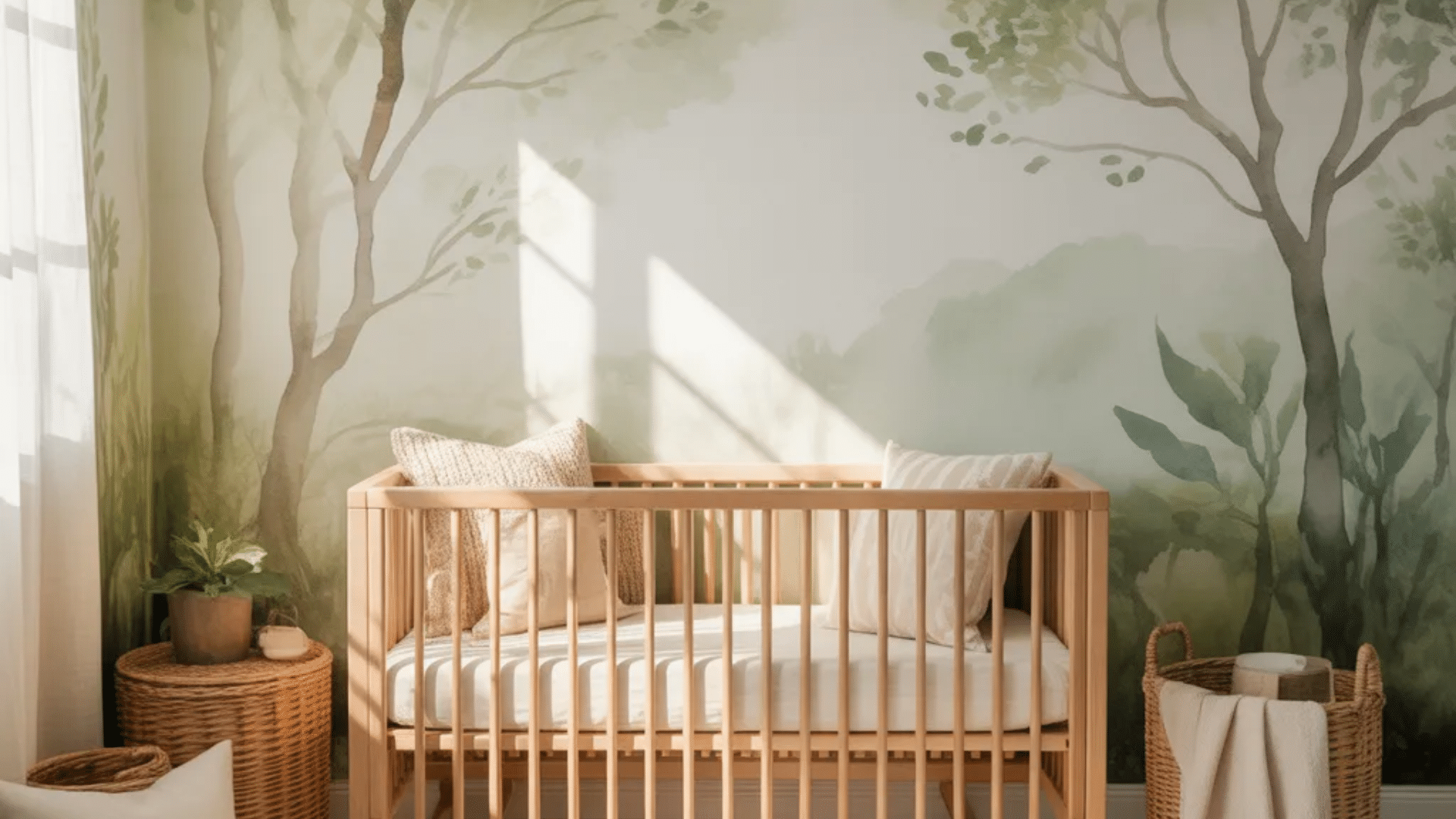 forest meadow nursery ideas with woodland mural wooden crib woven baskets