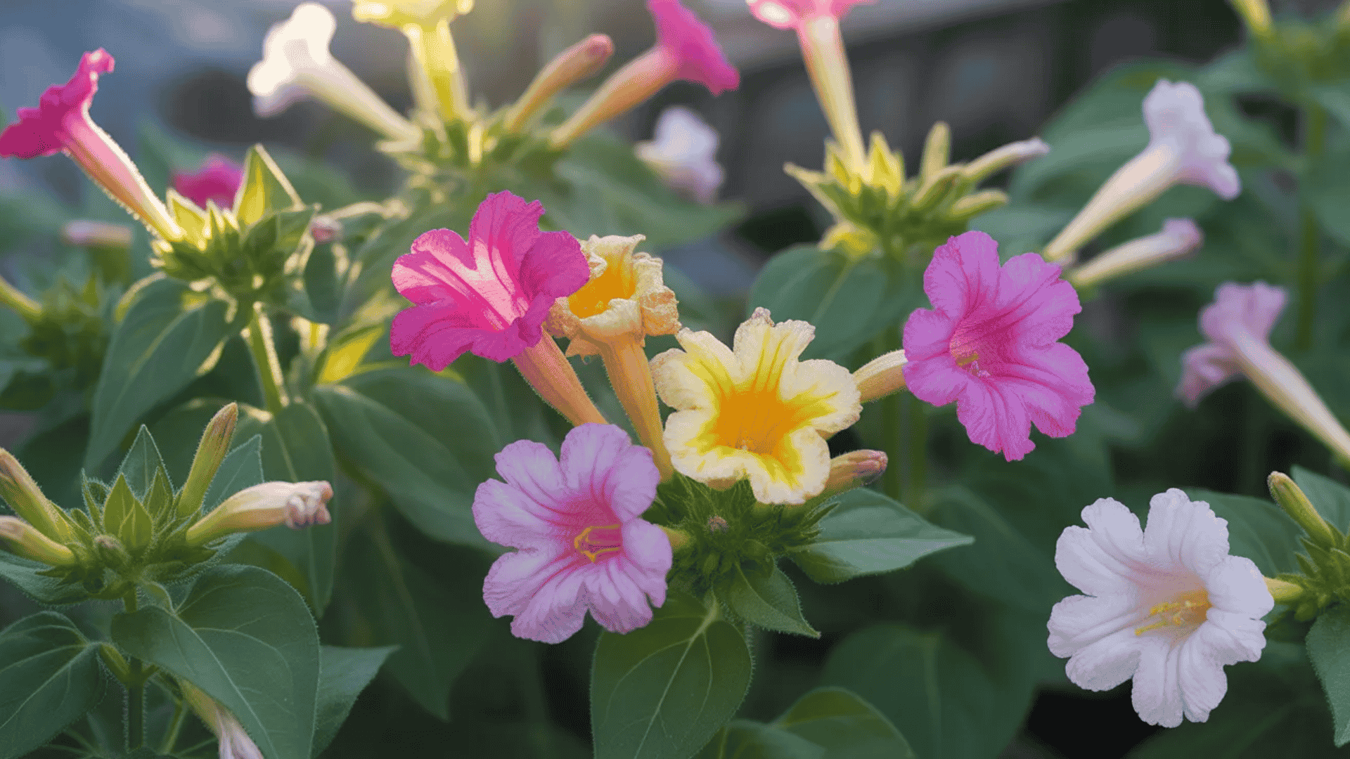 four o'clock flowers with vibrant pink and yellow blooms opening in the late afternoon