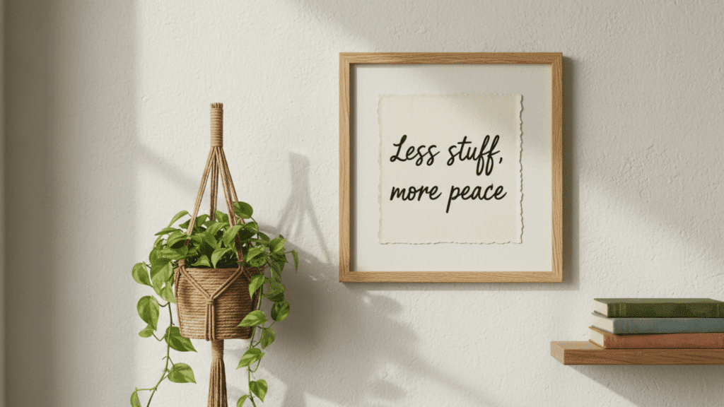 framed quote less stuff more peace with plant and books on shelf