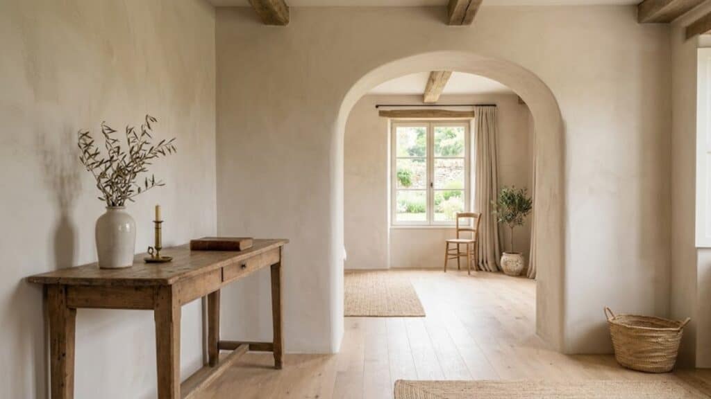 french country interior design with arched doorway creating soft flow and elegant neutral space