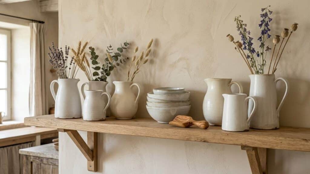 french country interior design with ceramic pitchers styled on open shelves in soft neutral tones