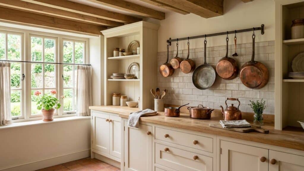 french country interior design with copper kitchen accents adding warmth and charm to neutral space