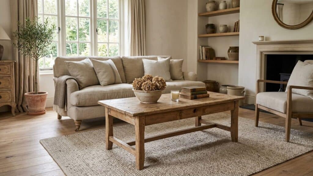 french country interior design with distressed wood coffee table in cozy neutral living room setting