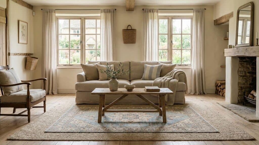 french country interior design with layered rugs in soft neutral tones creating warm cozy living space