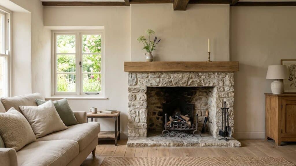 french country interior design with rustic stone fireplace and wooden mantel in warm minimal living room