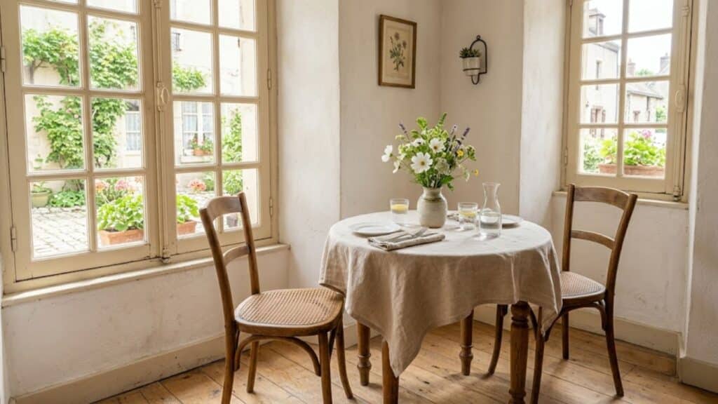 french country interior design with small bistro table setup in cozy kitchen corner near window
