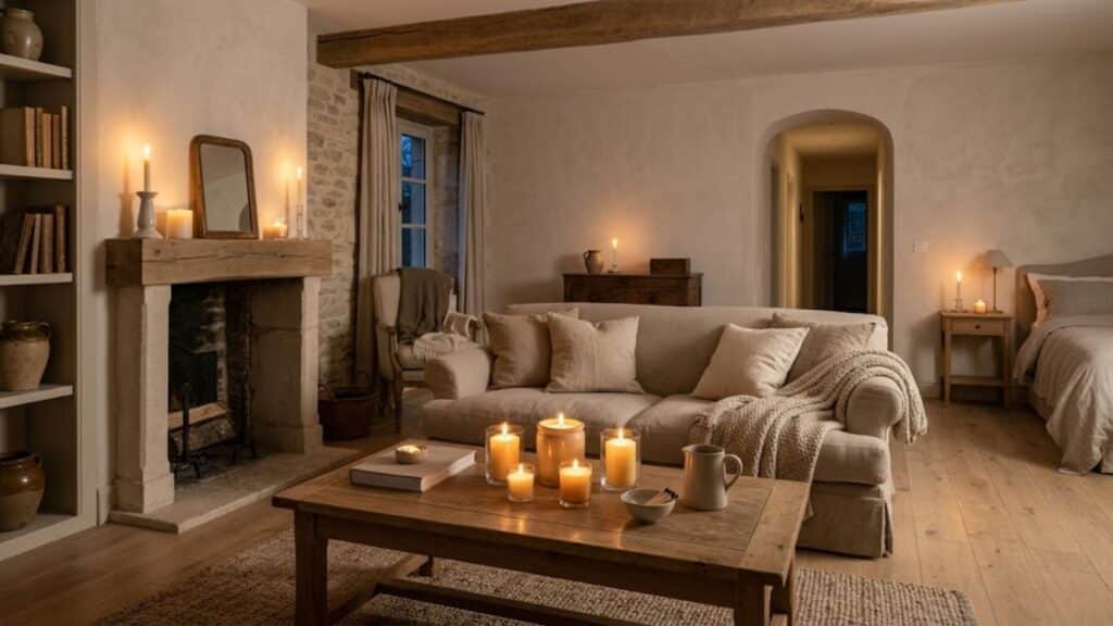 french country interior design with soft candlelight creating warm cozy and relaxing living room atmosphere