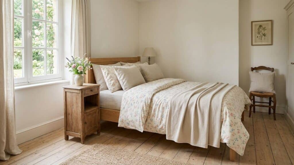 french country interior design with soft floral bedding in calm and inviting bedroom setting