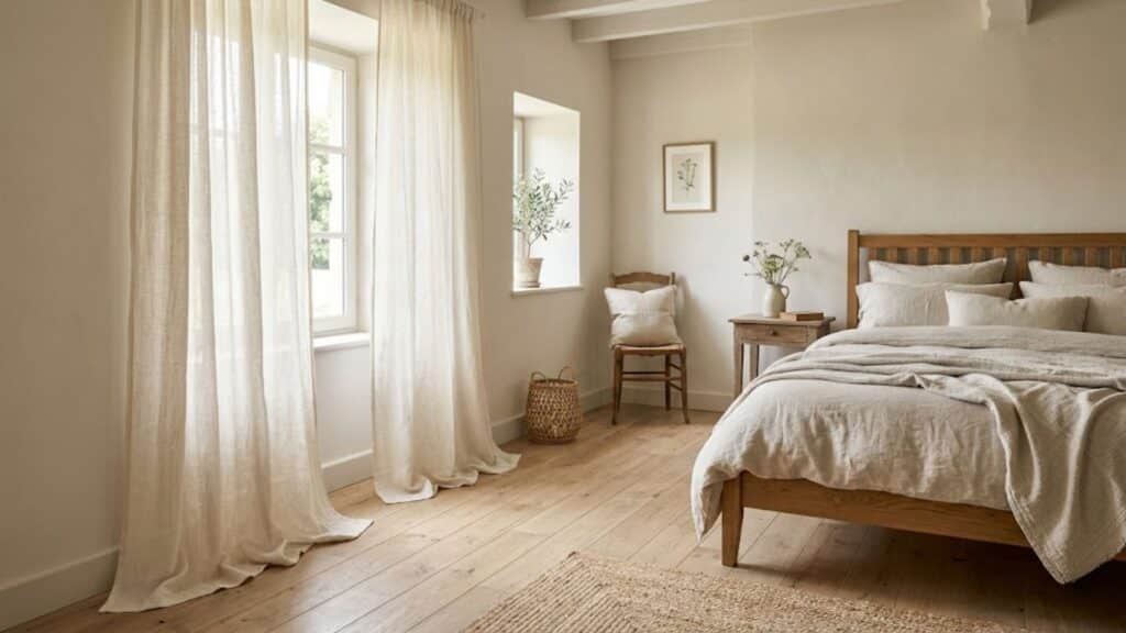 french country interior design with soft linen curtains creating airy and calm bedroom space